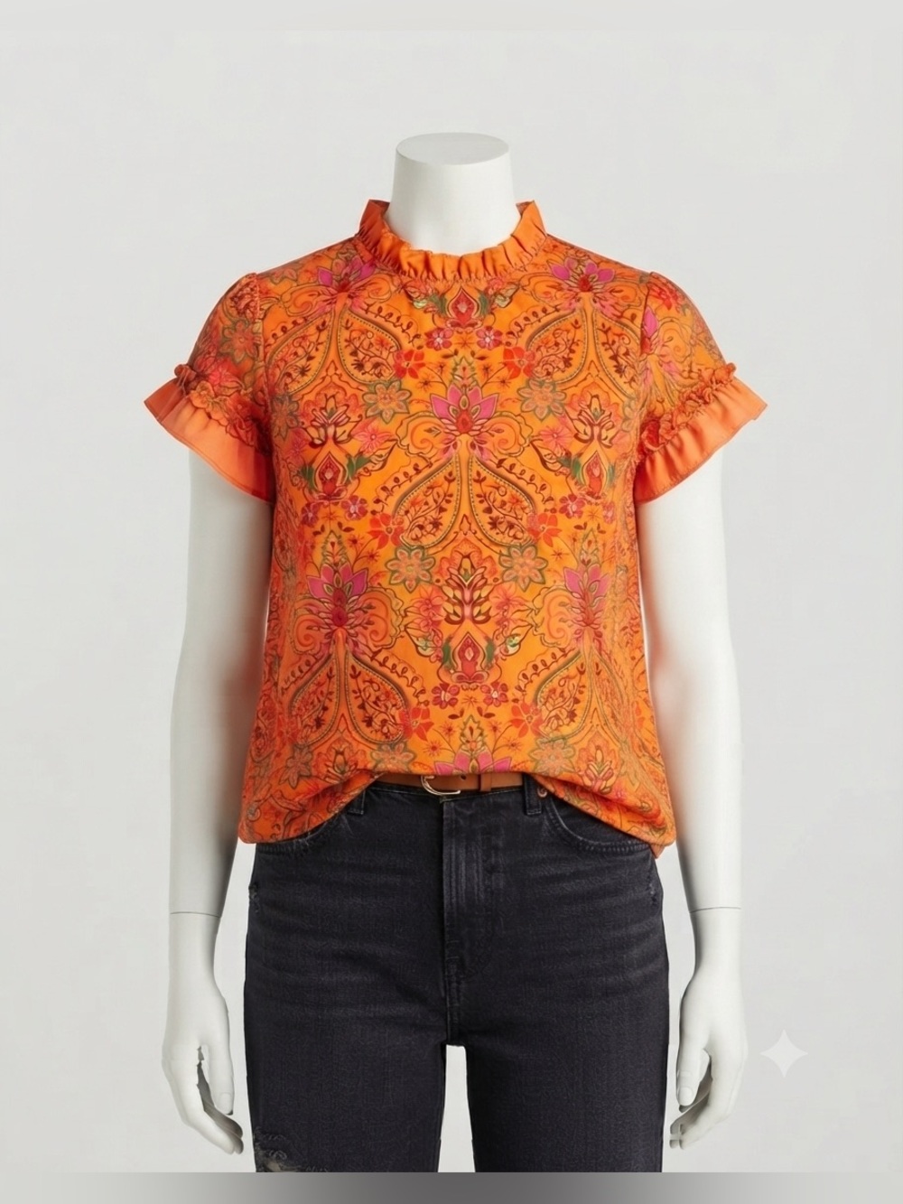 Vibrant Orange Floral Paisley Short-Sleeve Blouse